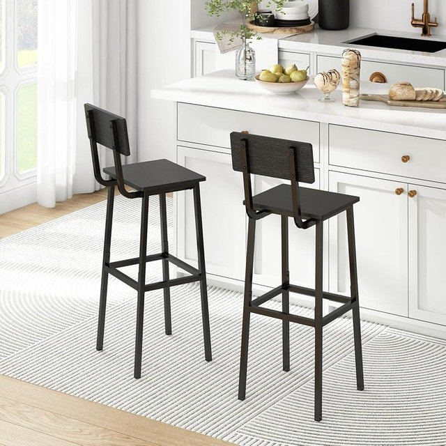 GILLAS Set of 2 Bar Stools, Tall Bar Chairs with Backrest and Footrest, Industrial Style Counter Height, Black