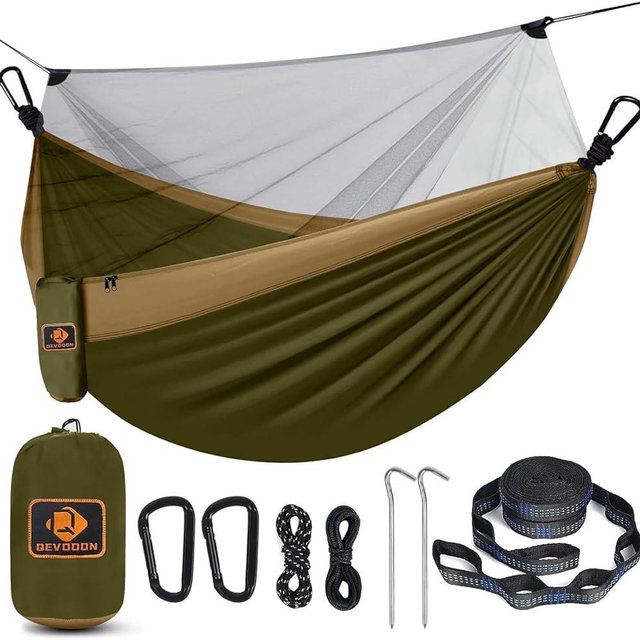 Qevooon Camping Hammock with Net,Portable Lightweight Double Hammocks with Tree Straps and Solid D-Shape Carabiners,Parachute Nylon Hammock for Backpacking Beach Backyard Patio Hiking Green&Khaki