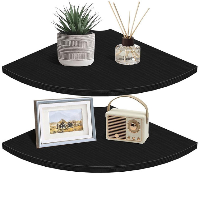 Homode Corner Floating Shelves, 12" Deep Corner Shelves Wall Mounted with Cord Hole, 2 Tier Curved Corner Hanging Shelving for Wall Storage, for Cable Box, TV Cords, Books, Plants, Black