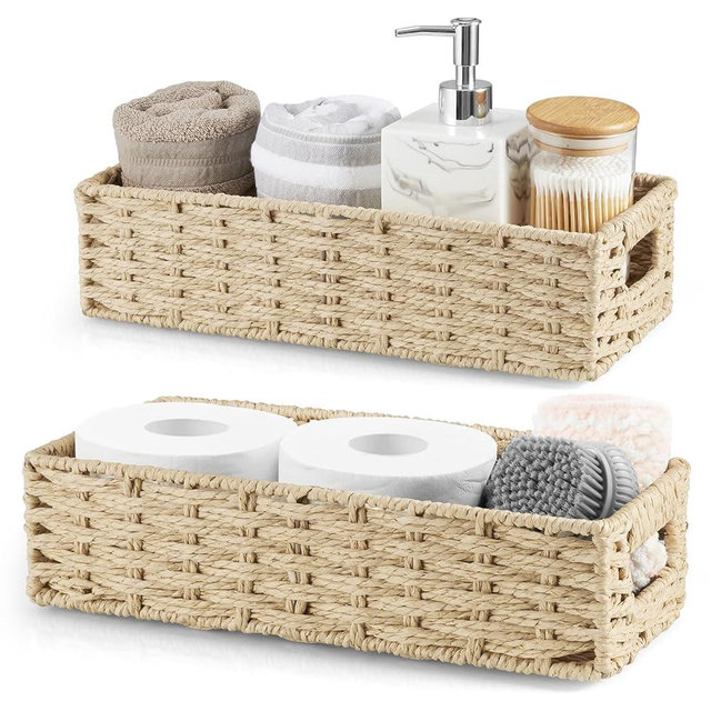 dreamkey Nesting Paper Rope Storage Baskets for Organizing with Handles - Small HandWoven Toilet Paper Basket for Back of Toilet Tank Top - Decorative Storage Baskets, 14 Inch