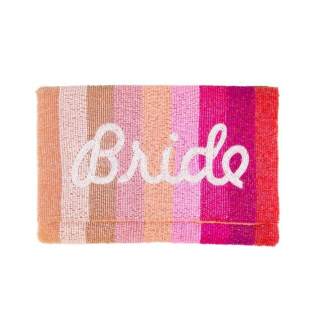 Pretty Robes BRIDE Clutch for Wedding Day, Beaded Bride Purse for Bachelorette, Pink Bride Bag, Bridal Shower & Engagement Gifts for Bride To Be (Pink Stripe)