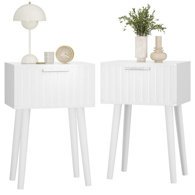 YMYNY Fluted Nightstand, Small End Table, Modern Coffee Table with Drawer, Solid Wood Legs, 13.8" x 10.6" x 20.9", for Bedroom and Small Spaces, White UHST014W-2