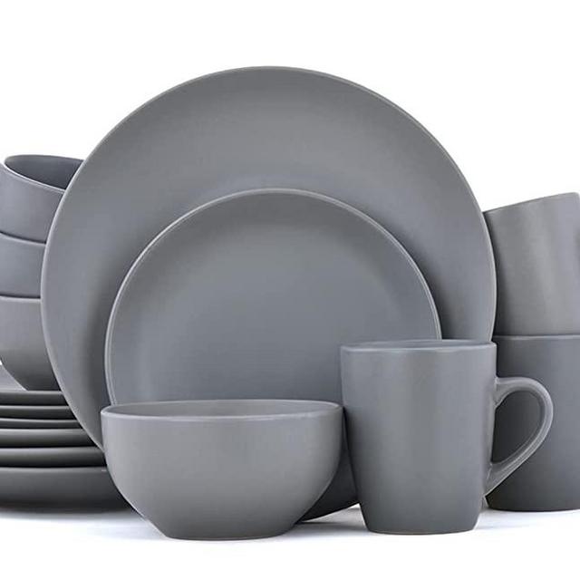 Famiware Moon Dinnerware Set, 16 Piece Dishes Set, Plates and Bowls Set for 4, Gray Matte