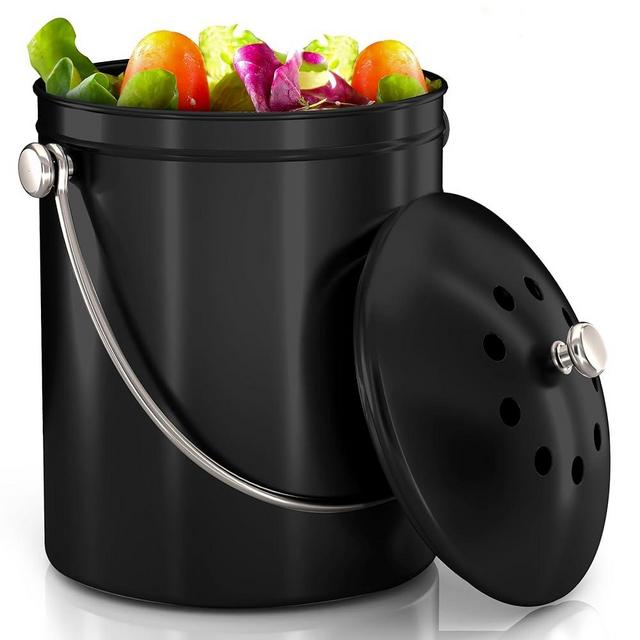 Utopia Kitchen Compost Bin for Kitchen Countertop, 1 Gallon Compost Bucket for Kitchen with Lid, Includes 1 Spare Charcoal Filter (Black)