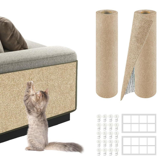 Cat Scratch Mat for Couch, Wall & Cat Tree – 78.7" Trimmable Self-Adhesive Cat Scratcher, Furniture Protector for Cats, Felt Alternative to Sisal, DIY Replacement for Cat Tower, 2 Pack (Khaki)