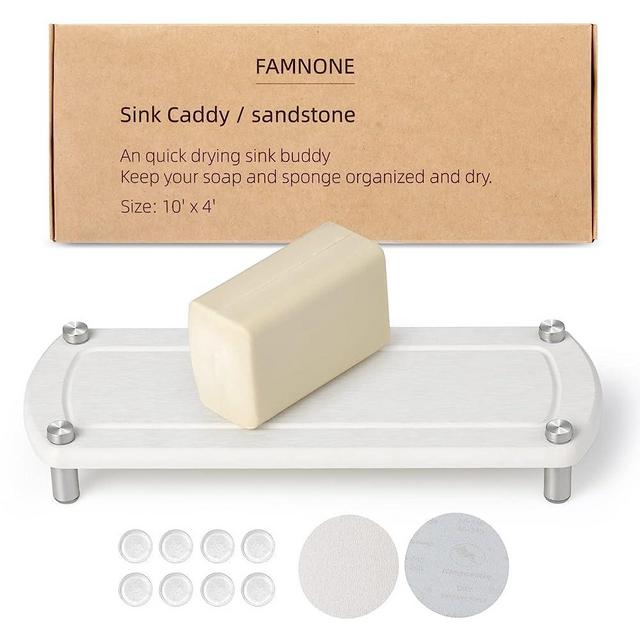 FAMNONE Bathroom Sink Caddy Dries Fast, Diatomaceous Earth Absorbs Moisture Bottle Drying Rack Sink Organizer on Countertop with Bottom Rubber Replacement & Grind Cleaning Sheets Mothers Day Gifts