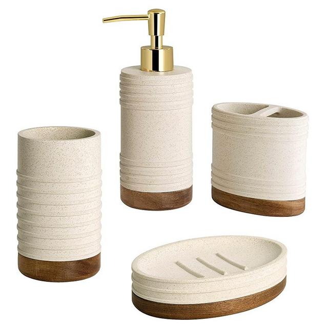 Allure Home Creation Marson 4-Piece Resin in Stone Finish with Natural Color Wooden Base Bath Accessory Set