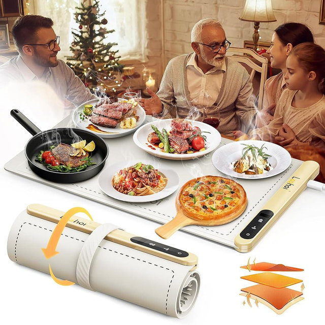 LOOHOI Food Warming Mat,Full Surface Heating Electric Warming Tray with 6 Temperature Settings & Fast Heating, Silicone Roll Up Food Heating Mat Food Warmers for Parties Gatherings Everyday Use