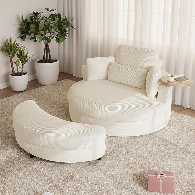 Olodumare Oversized 360° Swivel Barrel Chair with Storage Ottoman & Rotatable Tray Table, Modern Comfy 51’’ Corduroy Accent Chair with Cresent-Shaped Ottoman, Extra Wide & Deep Seat, Cream White