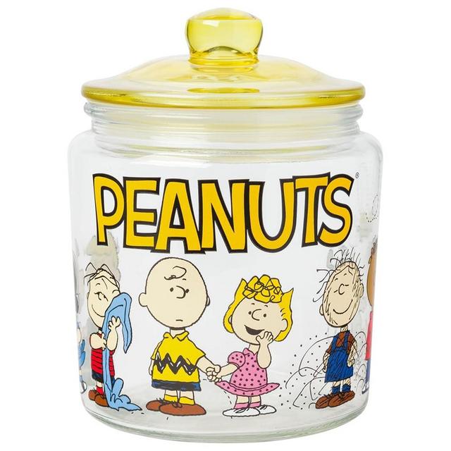 Silver Buffalo Peanuts Squad Featuring Charlie Brown, Snoopy, Schroeder, Lucy, Linus, Sally, Pigpen, Woodstock, and Franklin Glass Cookie Snack Candy Jar with Lid (Small)