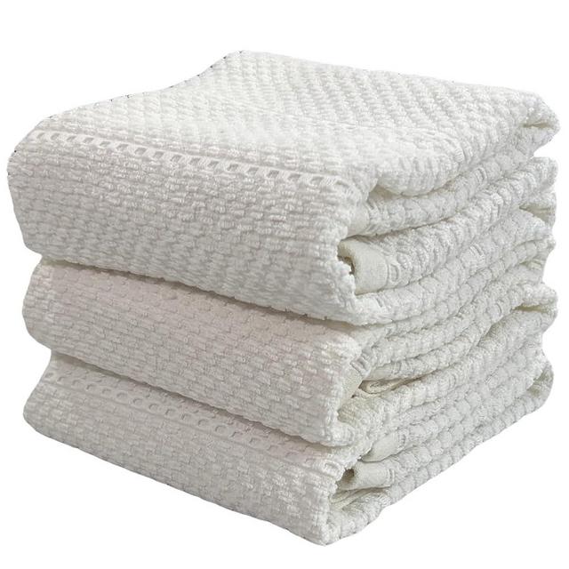 White Kitchen Hand Dish Towels: 100% Cotton Cloth Soft Cleaning Drying Absorbent Textured Terry Loop, Set of 3 Multipurpose for Everyday Use