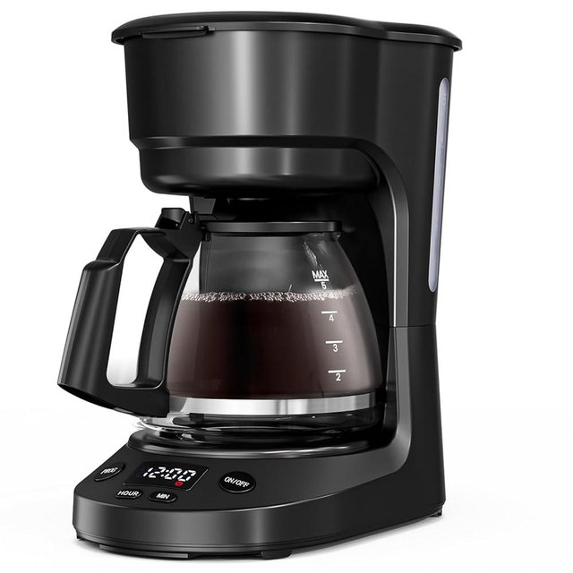 WAA 5 Cup Drip Coffee Maker, Portable Coffee Machine with Programmable Timer, Coffee Pots with Reusable Filter, Auto Shut-Off and Keep Warm Plate, Delay Brew, 25oz Water Tank, Black