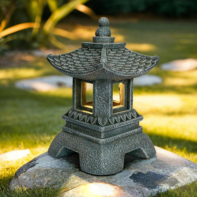 TB TIBAG Solar Pagoda Decors Garden Statues, Zen Asian Outdoor Statues Accessories Japanese Pagoda Lamp Lantern for Garden Balcony Patio Porch Yard Art Ornament Decoration, 12 Inches