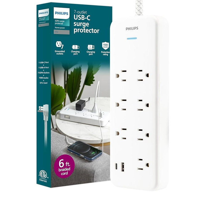Philips 7-Outlet Surge Protector with USB Charging, 6ft Braided Extension Cord, 1USB-A, 1USB-C, 1500J, Adapter Spaced, Outlet Extender Power Strip, White - SPP3983W/37