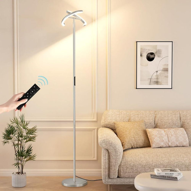 PreeOtti LED Floor Lamp - 73.6" Tall Modern Standing Lamp with 2 Rotatable Lights, Remote & Touch Control, 36W Bright Stepless Dimmable, Ideal for Living Room Bedroom Office(Silver Grey)