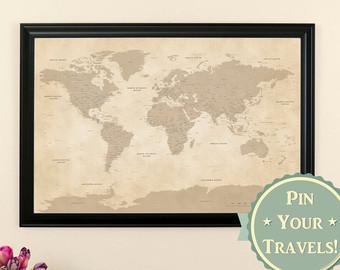Earth Toned World Push Pin Travel Map with Pins - 24x36