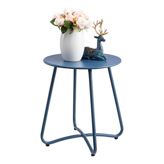 HollyHOME Small Round Patio Metal Side Snack Table, Accent Anti-Rust Steel Coffee Table for Garden, Modern Weatherproof Outdoor End Table, (H) 17.55" x(D) 15.60", Navy Blue