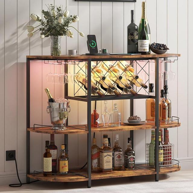 ZOPEND Wine Cabinet Coffee Table with Power Socket and LED Light, Three Tiers Coffee Bar Table Wine Rack Liqour Bar with Large Storage for Home Kitchen