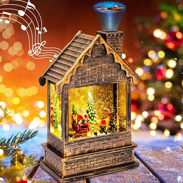 Garma Lighted Christmas Snow Globes Musical Lantern with Timer, Train Water Lanterns Snowing Glittering Battery Operated, Christmas Santa Claus Musical Lighted Christmas Home Décor (House Lantern)