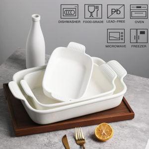 Sweejar Baking Pans Set, Ceramic 9x13 Baking Dish with Handle, Rectangular Casserole Dishes for Oven, Bakeware Sets of 3, Durable Lasagna Pan Deep for Kitchen, Banquet, Wedding Gift(White)