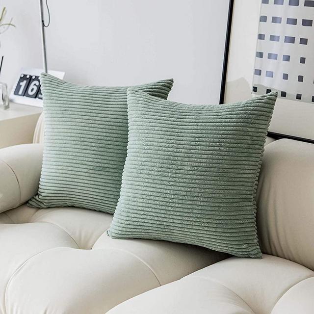 Demetex Euro Shams 26x26 inch Corduroy Body Pillow Covers Soild Striped Velvet Square Pillowcases for Bed Couch Bench Sofa, Pack of 2, 26x26 inch (66x66 cm), Sage Green