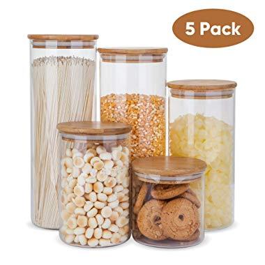 Glass Food Storage Containers Set,Airtight Food Jars with Bamboo Wooden Lids - Set of 5 Kitchen Canisters For Sugar,Candy, Cookie, Rice and Spice Jars