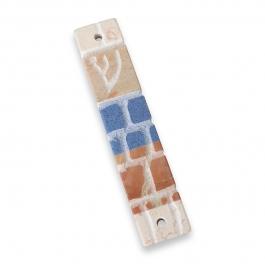 Square Mosaic Jerusalem Stone Mezuzah Case With Western Wall Design