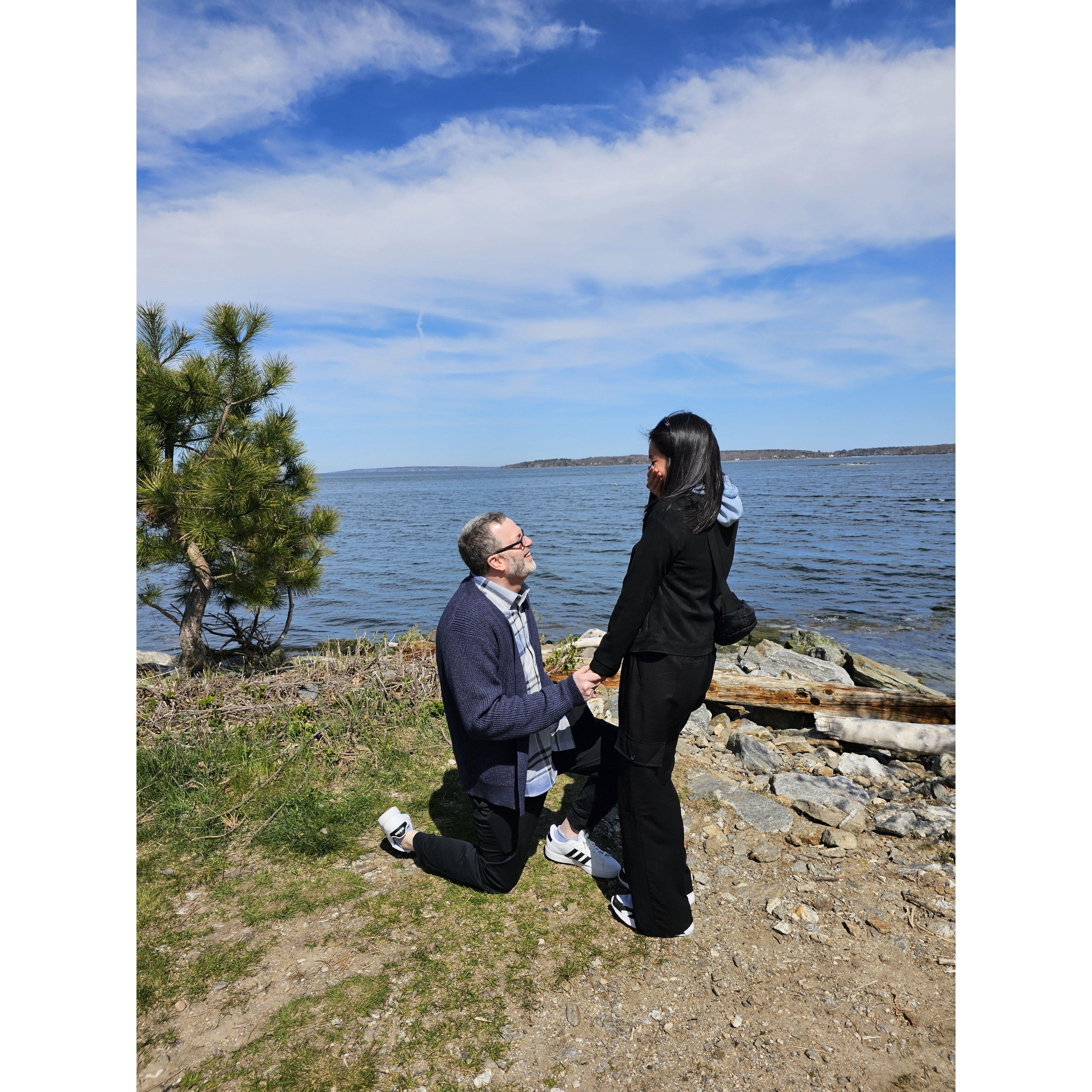 Sean proposing on the Western Promenade in Portland, MA. April 2024