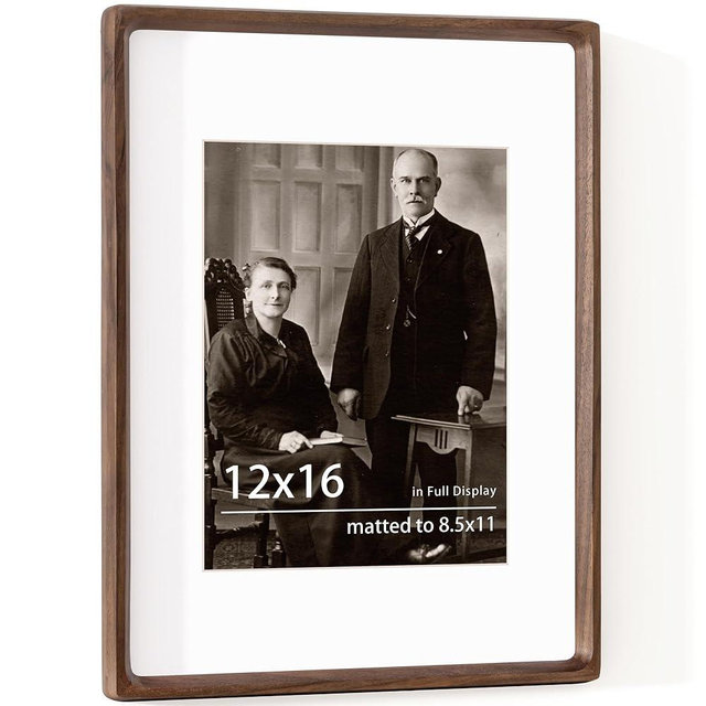 12x16 Frame USA-Sourced Natural Walnut Wood Solid Wood Photo Frame Handcrafted Rounded Corner with Mat to 8.5x11 Picture Frame Display with Real Glass Family Picture, Wedding Photo, Certificate