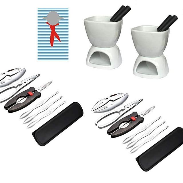 Seafood Lobster Crab Crackers and Tools Party Set: 2 Strong Scissors, 2 Lobster Crackers, 2 Strong Grips, 6 Crab Leg Picks, 2 Containers, 2 Butter Warmers, 4 Dipping Forks & 20 Plastic Adult Bibs