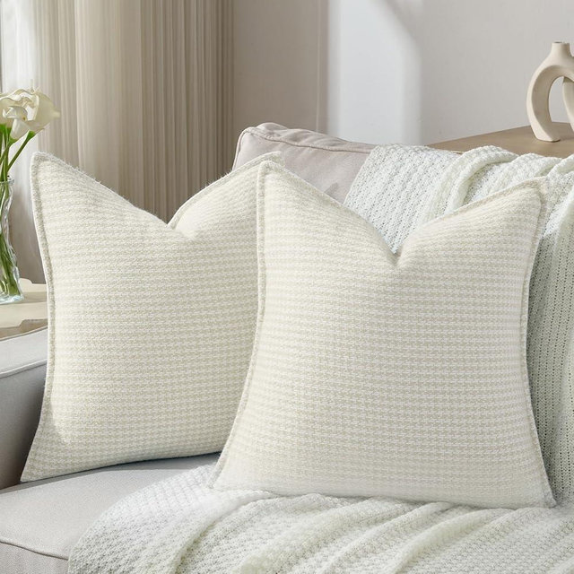 FUTEI Cream Decorative Throw Pillow Covers 22x22 Inch Set of 2,Soft Houndstooth Gingham Textured Cushion Case,Modern Home Decor for Couch Bed Living Room