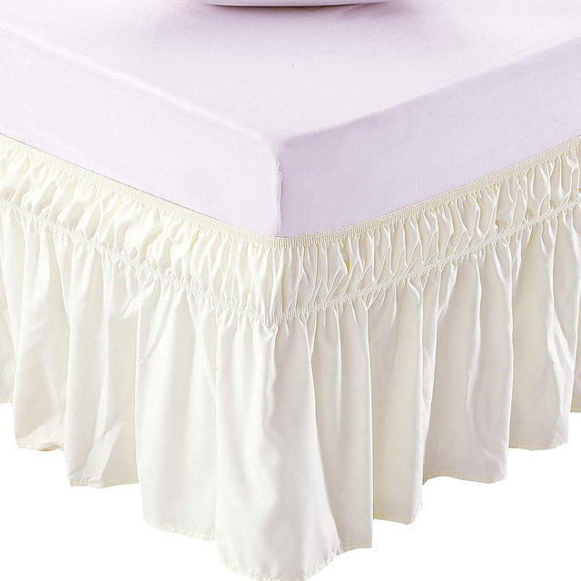 MEILA Wrap Around Bed Skirt Three Fabric Sides Elastic Dust Ruffled 18 Inch Tailored Drop,Easy to Install Fade Resistant-Ivory, Queen/King