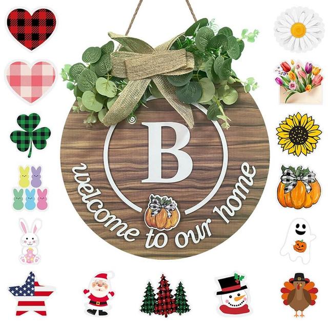 Initial Interchangeable Seasonal Welcome Sign for Front Door Last Name Letter B Front Door Wreath Rustic Home Decor with 15 Changeable Icons for All Seasons Holiday Fall Halloween Christmas Decor