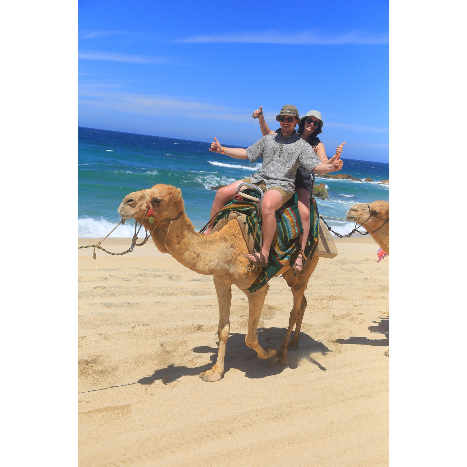 A picture of us riding a camel in Cabo! We think her name was Pepper?