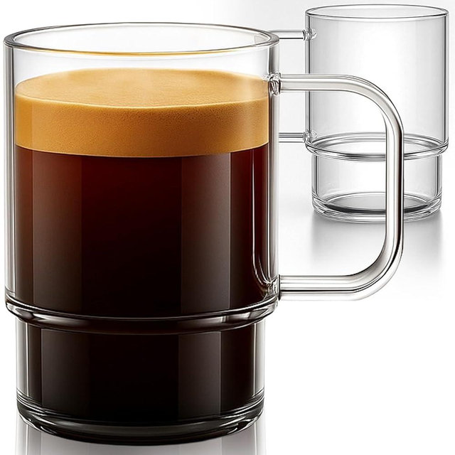 Aquach 22oz Stackable Glass Mugs with Handle, Set of 2 - Large Clear Coffee Cups for Latte, Cappuccino, Mocha, Americano, and Tea