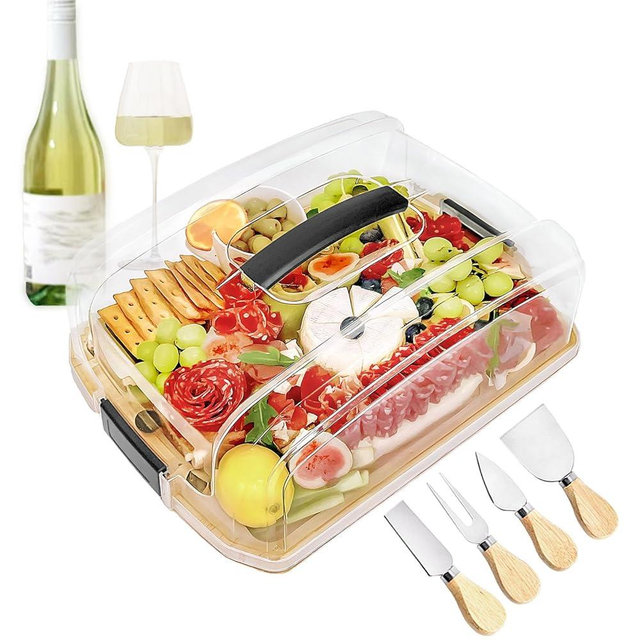 Large Charcuterie Board with Lid and Handle,Portable Travel charcuterie to go Picnic,Bamboo Covered Charcuterie Boards,6 Compartments 4 Knives,Gift for Girfriend,Parties, Housewarming and Weddings