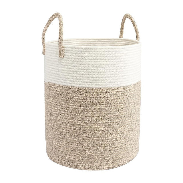 JUNBOLE Woven Cotton Rope Laundry basket-15”X20” Laundry Hamper-Rope Storage Basket for Dirty Clothes, Toys and Blankets Perfect for Bathroom, Baby nursery and Living Room Storage (white and brown)