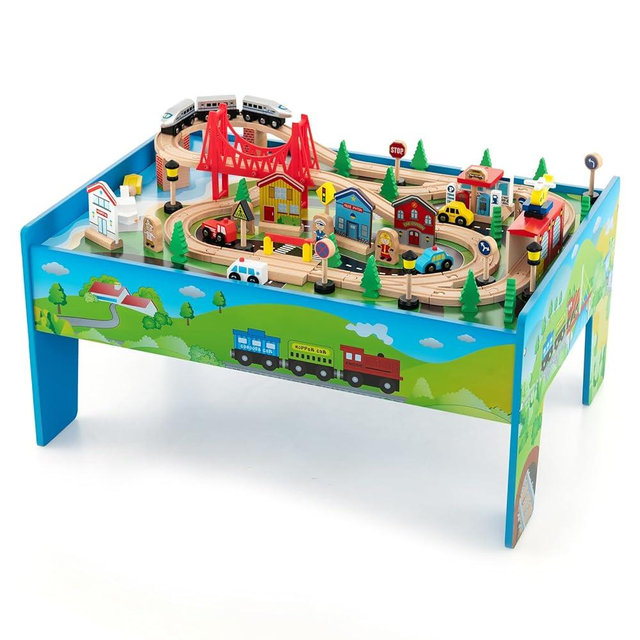Costzon Train Table, 80 Pcs, Wooden Kids Activity Table Playset with Reversible & Detachable Tabletop, Solid Wood Tracks, Train, Railway, City, DIY Design, Gift for Boys & Girls, Multi-Color