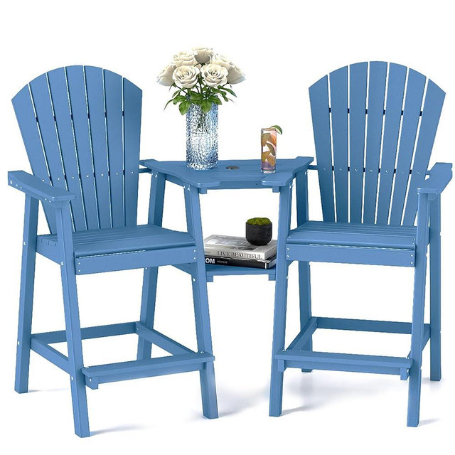 FOOWIN Tall Adirondack Chairs Set of 2,Recycled Poly Balcony Chair with Double Connecting Tray Patio Stools Weather Resistant for Outdoor Deck Lawn Pool Backyard Navy Blue