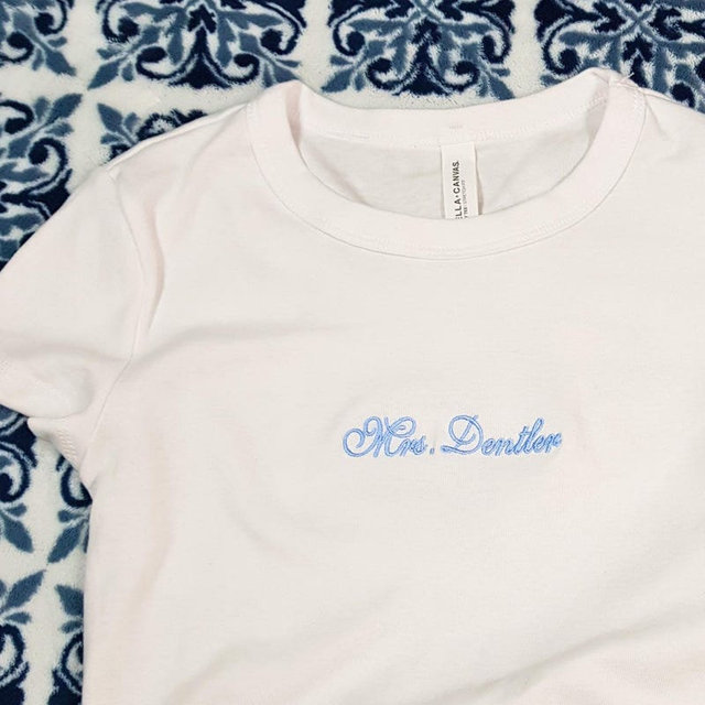 Personalized Mrs. Crop Top, Custom Embroidered Bridal Shirt, Custom Last Name Wedding Tee, Wifey Material Top, Embroidered Bride Shirt
