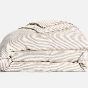 Washed European Linen Duvet Cover I Oxford Stripe in Oat Chambray I Queen