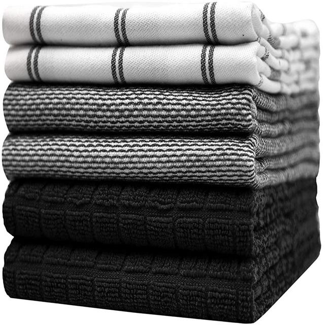 Premium Kitchen Towels (20”x 28”, 6 Pack) – Large Cotton Kitchen Hand Towels – Check Flat & Terry Towel – Highly Absorbent Tea Towels Set with Hanging Loop – Black