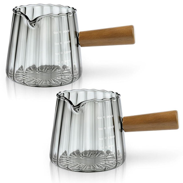 2 Pack Espresso Measuring Cup, 6oz Borosilicate Glass Espresso Cups with Wood Handle, V-Shaped Spout Milk Frothing Cup for Coffee, Tea, Syrup – Dishwasher Safe
