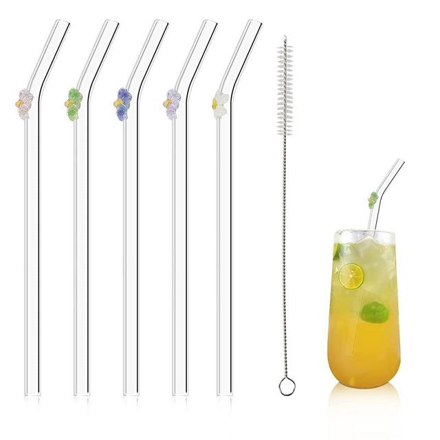 Olpchee 5 Pcs Reusable Straws Clear Glass Straws Colorful Flower Design Size 7.8" x 8mm with 1 Cleaning Brush for Smoothies, Milkshakes, Juices, Teas (Multicolor)
