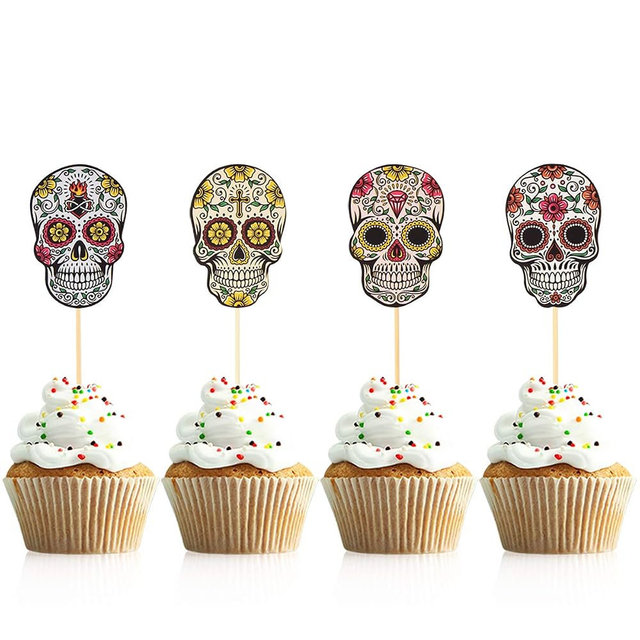Donoter 48 Pieces Day of the Dead Sugar Skull Cupcake Toppers Dia De Los Muertos Cake Picks for Halloween Party Table Decorations