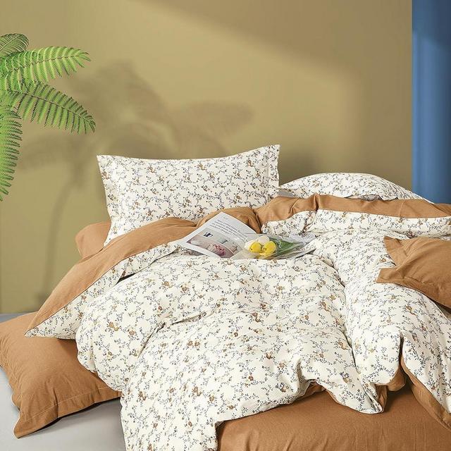LEMIROE Burnt Orange Floral Cotton Comforter Queen Size - Delicate Tiny Flowers and Gray Branches on White, Textured Rust Back, 3PC Luxurious Lightweight Bedding Set with Ultra-Soft Alternative Fill