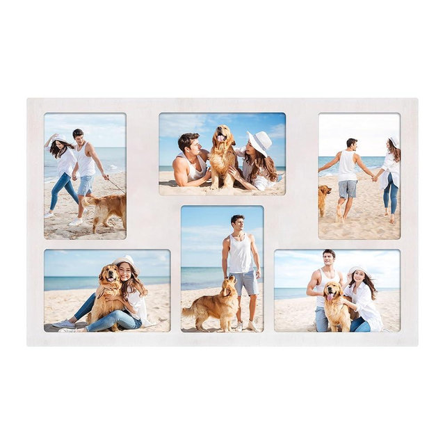 YESKAY 6 Picture Frame Collage 4x6 for Wall Decor,6 Opening 4 x 6 Collage Photo Frames Rustic White Multiple Picture Frames with Real Glass 1 Pack(OD:11X17in)