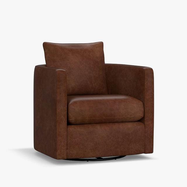 Ayden Barrel Leather Swivel Armchair, Polyester Wrapped Cushions, Churchfield Camel