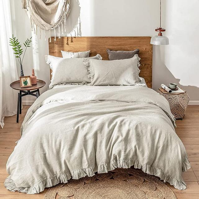 Simple&Opulence 100% Washed French Linen Duvet Cover Set-Queen Size-3 Pieces Premium Ruffled Farmhouse Bedding 1 Comforter Cover and 2 Pillowshams Natural Flax High End Floral Frill Sets,Natural Linen