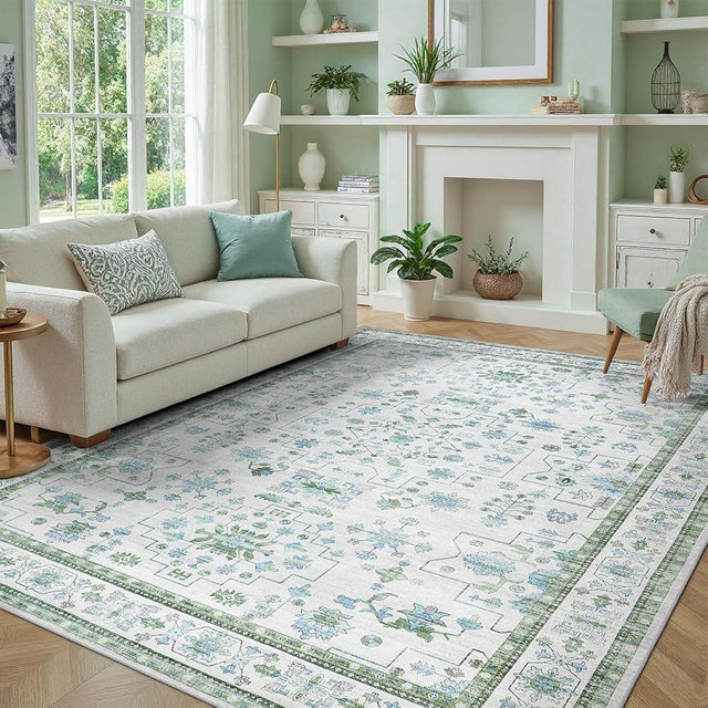 DCX 6x9 Area Rug, Vintage Boho Green Cream Washable Rugs for Living Room, Bedroom, Soft Non Slip Backing 0.25" Low Pile Distressed Accent Floor Carpet for Dinning Room Kitchen